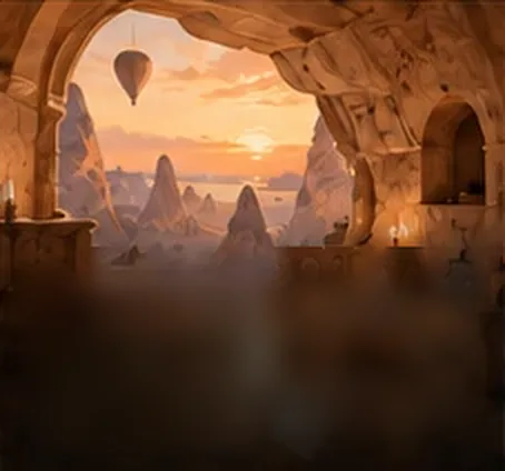 A cave arch opening onto Cappadocia’s rock chimneys and a balloon at sunset