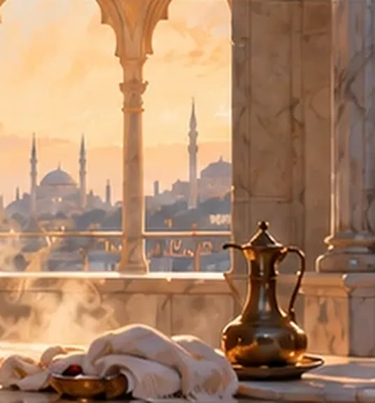 Domes and minarets of Istanbul seen through the arches of a hamam window