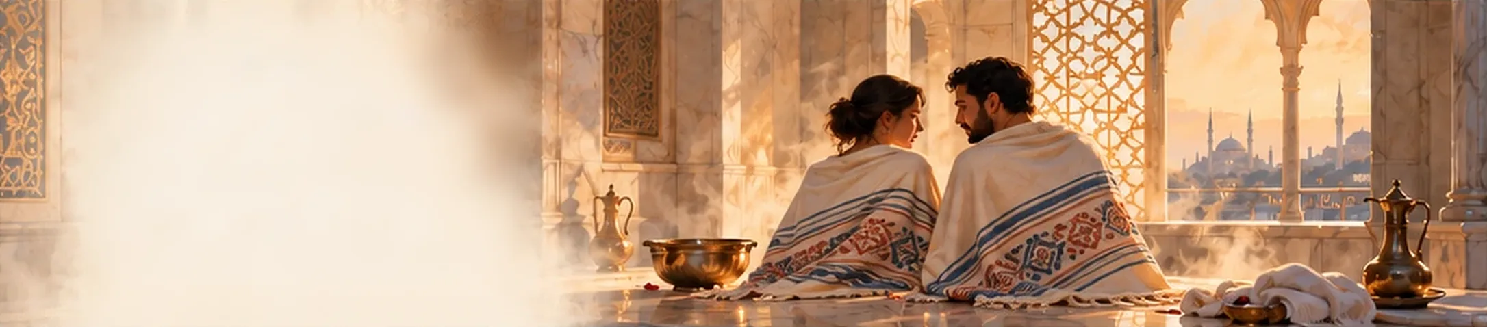 A couple wrapped in peştemal cloths in a sunlit marble hamam, with an Istanbul skyline beyond the window