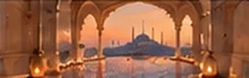 Candlelit arches opening onto the Istanbul skyline at sunset