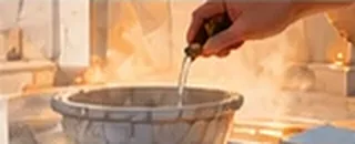 Warm water poured from a brass tap into a marble basin