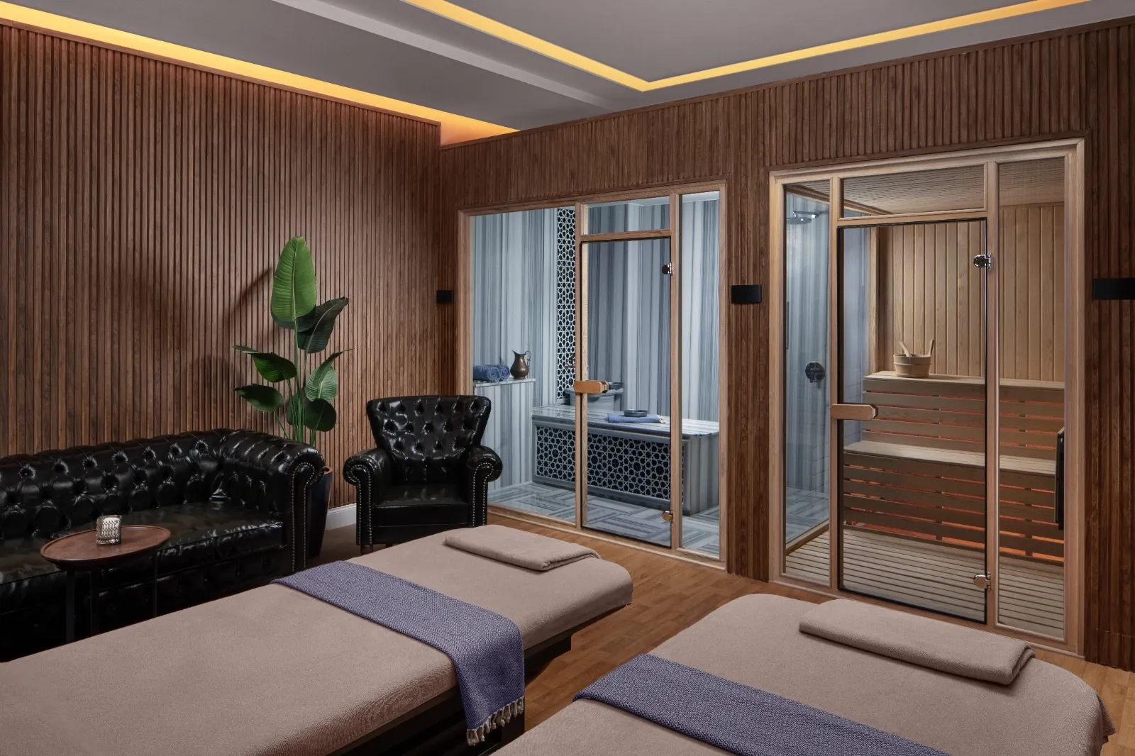 A private hammam suite with a couples treatment room